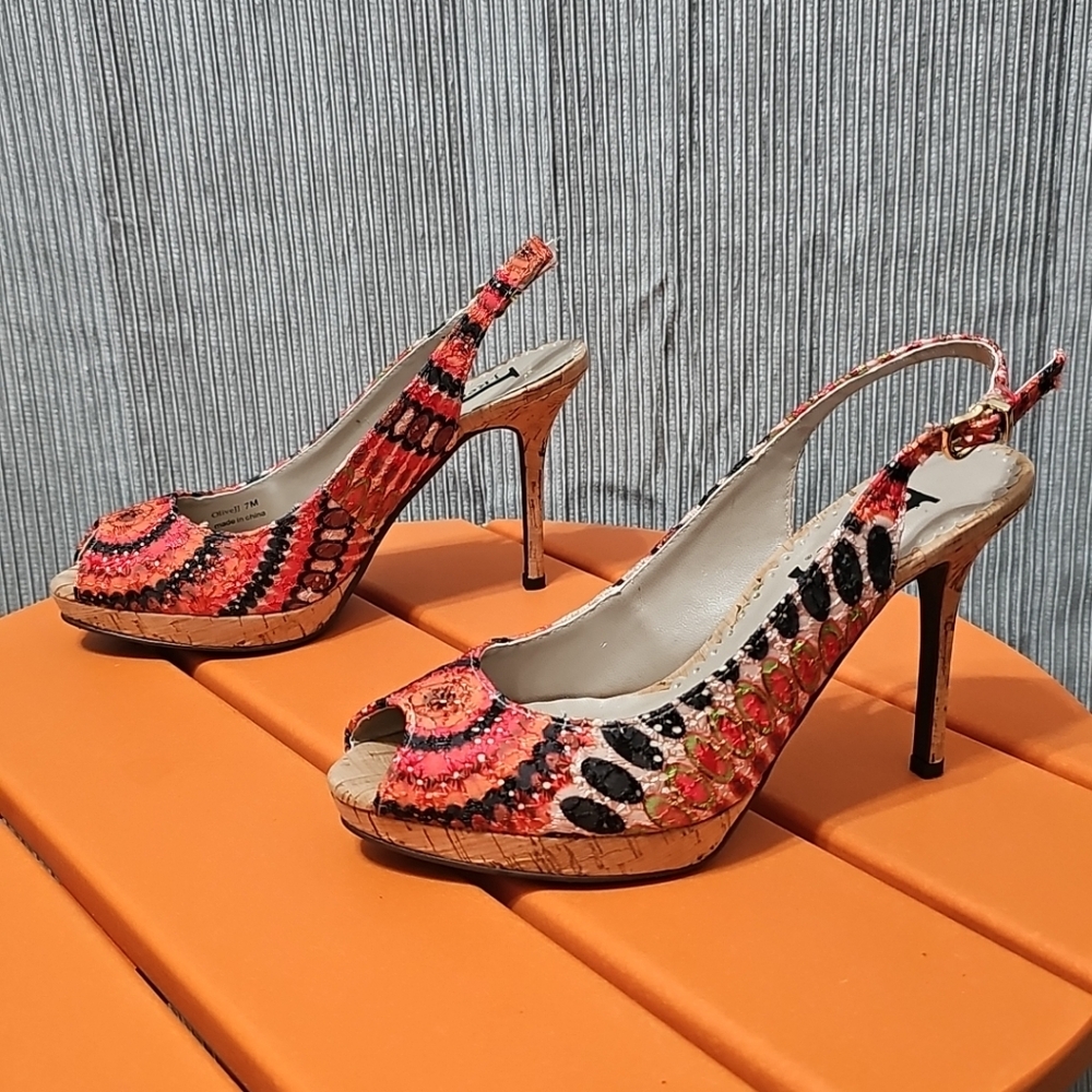 J.‎ Renee Red Orange Multi Print Peep-Toe High Heel Pump 7M Excellent Pre-Owned